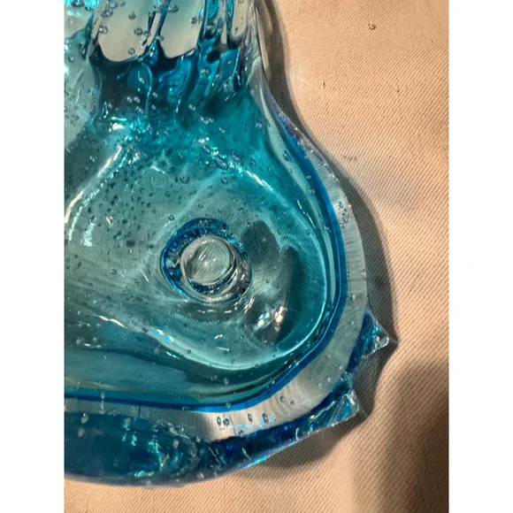 Blenko? Style MCM Hand Blown Blue Art Glass Fish Heavy Bowl Italian